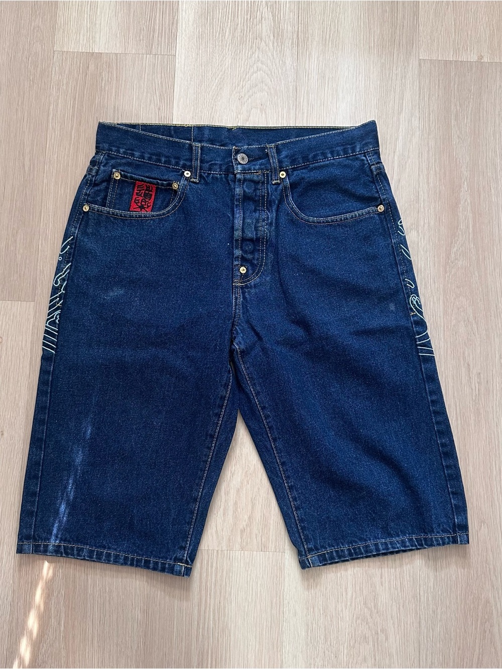 Evisu Indigo Denim Shorts with Back Embroidered Graphic